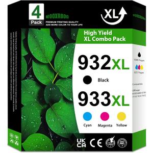 932XL 933XL Ink Cartridges Combo Pack (4-Pack, 1Black/1Cyan/1Magenta/1Yellow) Replacement for HP 932 XL 933 XL Black and Color Ink Cartridges OfficeJet 6100 6600 6700 7110 7510 7610 7612 Printer