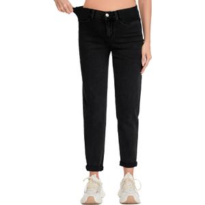 FABRACK Women's Maternity Jeans Mid-Rise Stretchy Boyfriend Jeans Pregnancy Denim Pants with Pockets (Black, XL)
