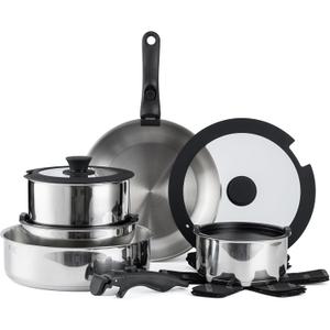 Country Kitchen Cookware Set with Removable Handle, Oven & RV Safe Pots and Pans Set, Stainless Steel, Original