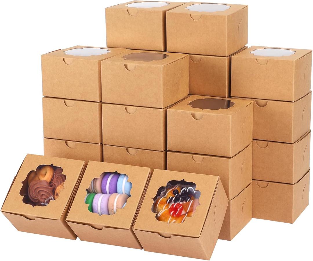 TOMNK Set of 100 4x4x2.5 Small Cookie Boxes, Mini Dessert Boxes with Window for Cupcakes, Macarons, Chocolate, Strawberries, Muffins(Kraft Paper)