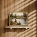 Wood Framed Vintage Canvas Wall Art, Boy Fishing Wall Decor Paintings, Dog and Boy Landscape Print Prints, Vintage Country Farmhouse Artwork Picture for Bedroom Living Room Kids Room 8x10 Inch