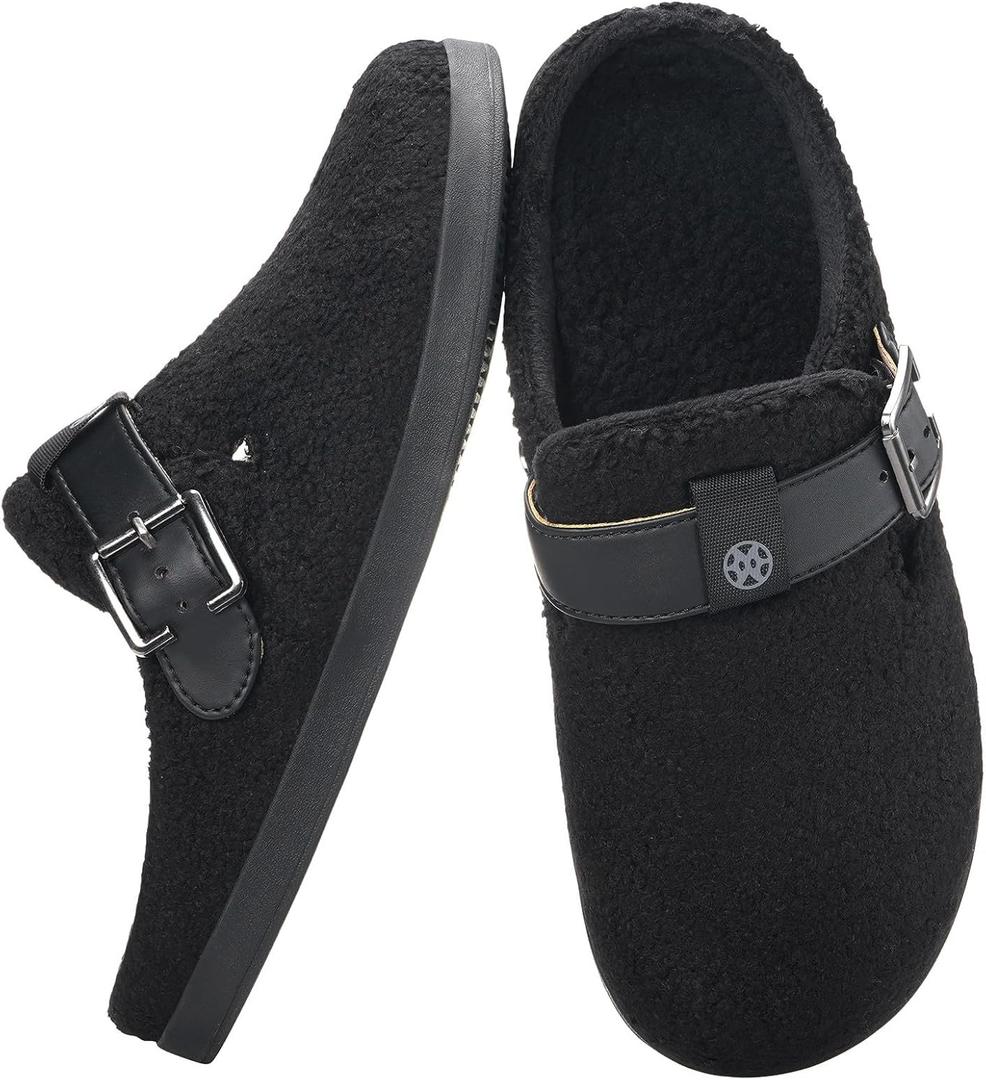 Hsyooes Womens Cozy Fuzzy Slippers Mens Arch Support House Slippers Adjustable Orthopedic Non-Slip Plush Fleece Lined Home Bedroom Shoes, Black, 10 Women/ 9 Men, EU 42