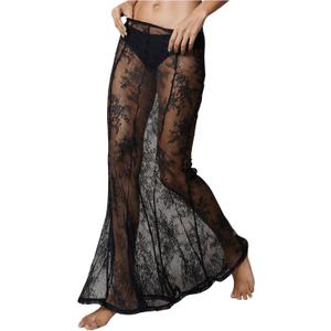 OYOANGLE Women's Floral Lace Sheer Maxi Skirt High Waisted See Through Fishtail Skirts (Black, M)