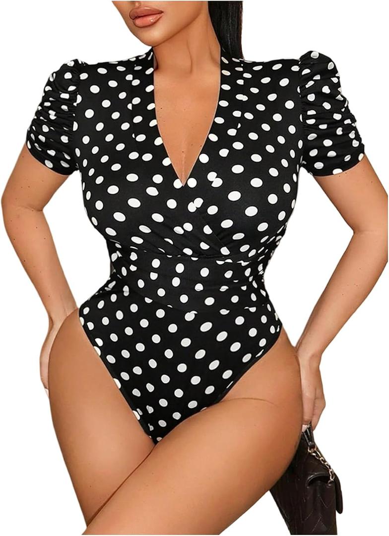 SHENHE Women's Polka Dots Wrap V Neck Body Suits Tops Puff Short Sleeve Date Night Elegant Bodysuits (M)