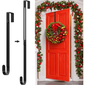 Metal Wreath Hanger for Front Door, Adjustable Wreath Hanger from 12-20", Single Hook, Heavy Duty, Holds up to 20 lbs, Over-the-Door Hook for Hanging Easter, Halloween, Fall, Christmas Decorations (Black)