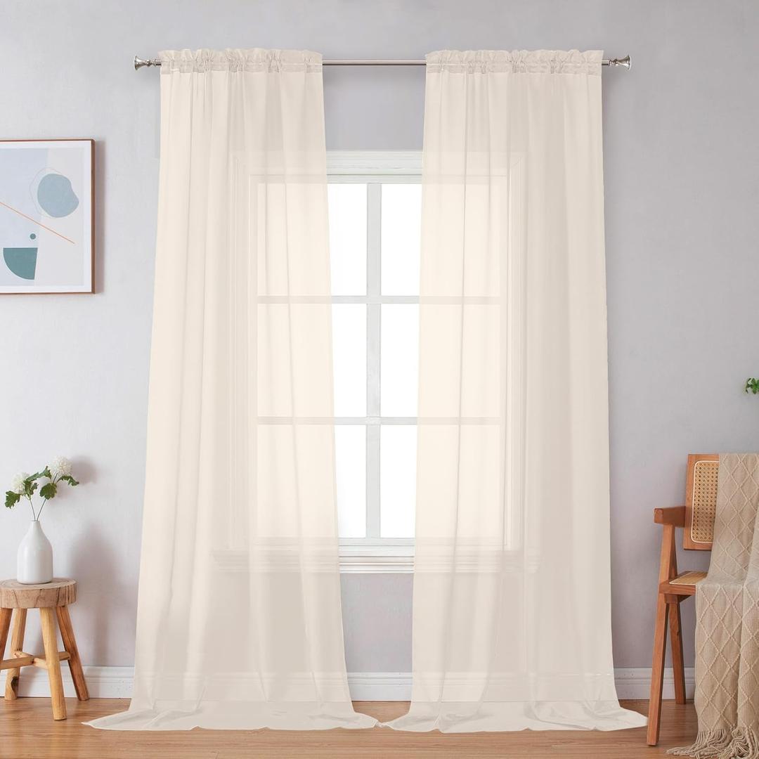 Simplebrand Cream Sheer Curtains 96 Inches Long 2 Panels, Light Filtering Rod Pocket Solid Color Window Sheer Curtain Panels, Elegant Curtains & Drapes for Living Room, Bedroom, 42" W x 96" L