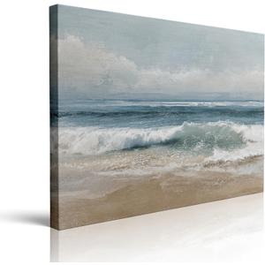 Calming Beach Seascape Canvas Wall Art Framed Serene Painting Ocean Waves Blue Teal Green Layers Sandy Shore Soft Horizon Coastal Wall Decor Artwork Print Poster 16x24 Inches