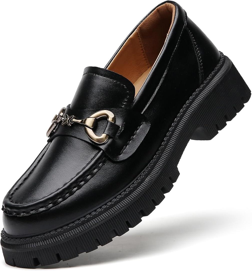 QHH Loafers for Women Women's Loafers & Slip-ons Leather Platform Chunky Penny Shoes Business Casual Shoes Comfortable Dressy Office Work Shoes (10, Black)