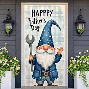 Happy Fathers Day Door Cover Decoration Gnome Front Door Banner Handyman Wrench Design Blue Plaid Backdrop Outdoor Porch Hanging Poster 70.8 x 35.4 Large Fabric Sign for Dad Grandpa Home Party Decor