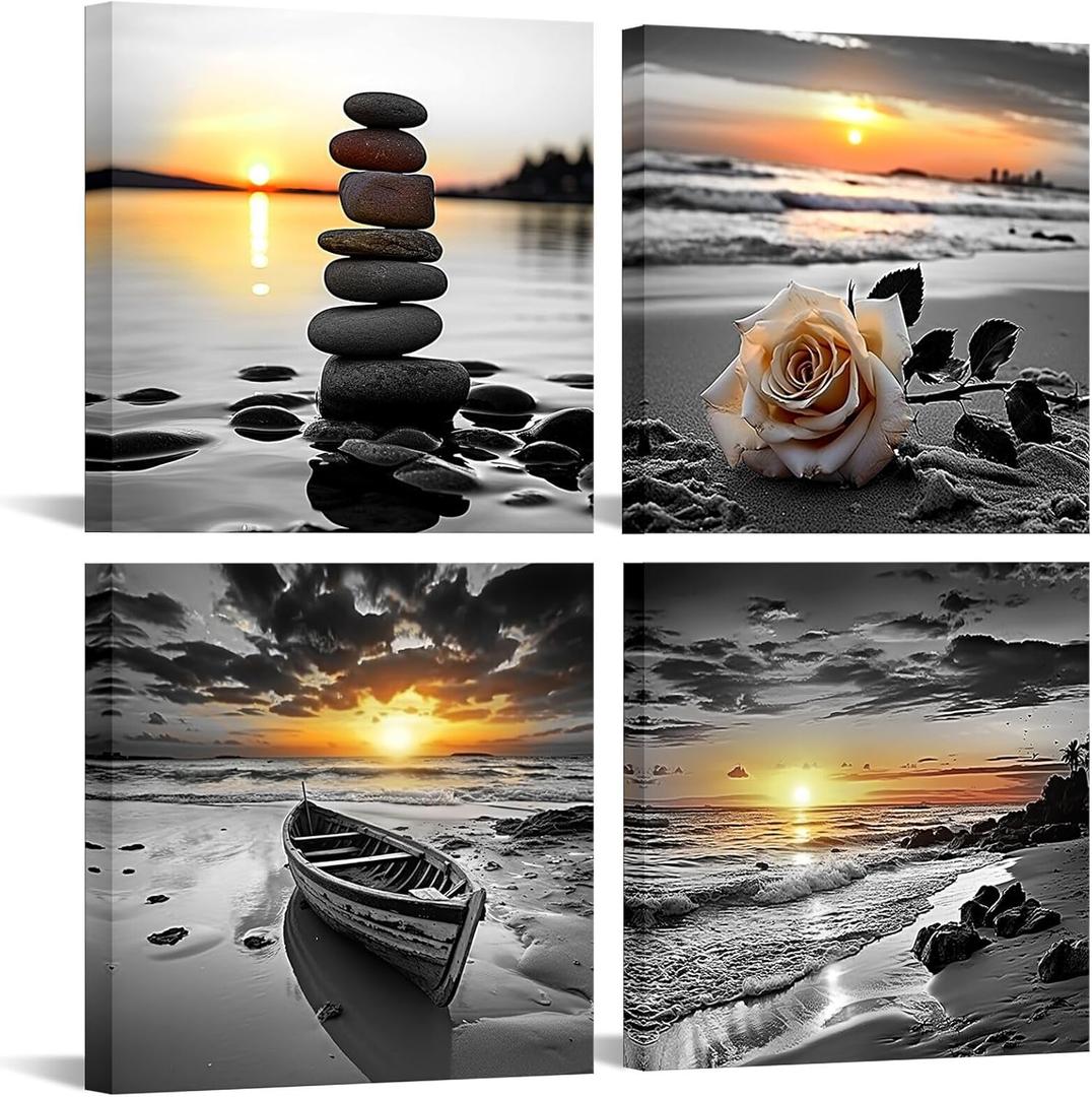 iLOOKLiKE Black and White Beach Wall Art Sea Sunset Canvas Prints Ocean Waves Zen Stones Rose Flower and Boat Seascape Pictures Coastal Artwork Framed for Home Decor Living Room 12x12inchx4pcs