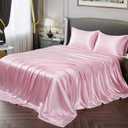 Vonty Satin Sheets Full Size Silky Soft Satin Bed Sheets Pink Sheet Set, 1 Deep Pocket Fitted Sheet + 1 Flat Sheet + 2 Pillowcases