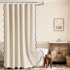 Beige Scalloped Long Shower Curtain with Black Border - Heavy Duty Polyester Shower Curtains for Bathroom, Waterproof & Washable, 72x78 Inches with 12 Hooks