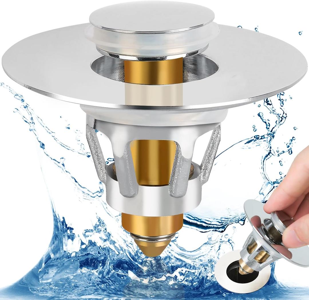 Three colors Bathroom Sink Stopper, 1.1-1.5" Bathroom Sink Drain Strainer, Universal Wash Basin Pop Up Drain Stopper, Bounce Core Push Type Sink Plug, Anti-Clogging, Stainless Steel (Silver, 2PCS)