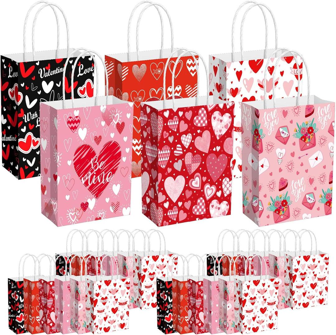 48 Pcs Valentine's Day Paper Gift Bags Paper Wrapping Kraft Bags with Handle Valentine's Day Goodie Bag Party Favors for Wrapping Shopping Wedding Gift Giving Decorations
