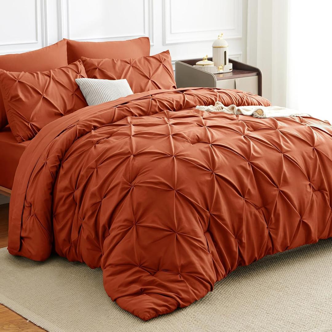 Pintuck Bed in a Bag, 7 Pieces King Size Comforter Set Burnt Orange, Pinch Pleat Bed in a Bag, Soft All Season Bedding Sets with Comforter, Flat Sheet, Fitted Sheet and Pillowcases & Shams