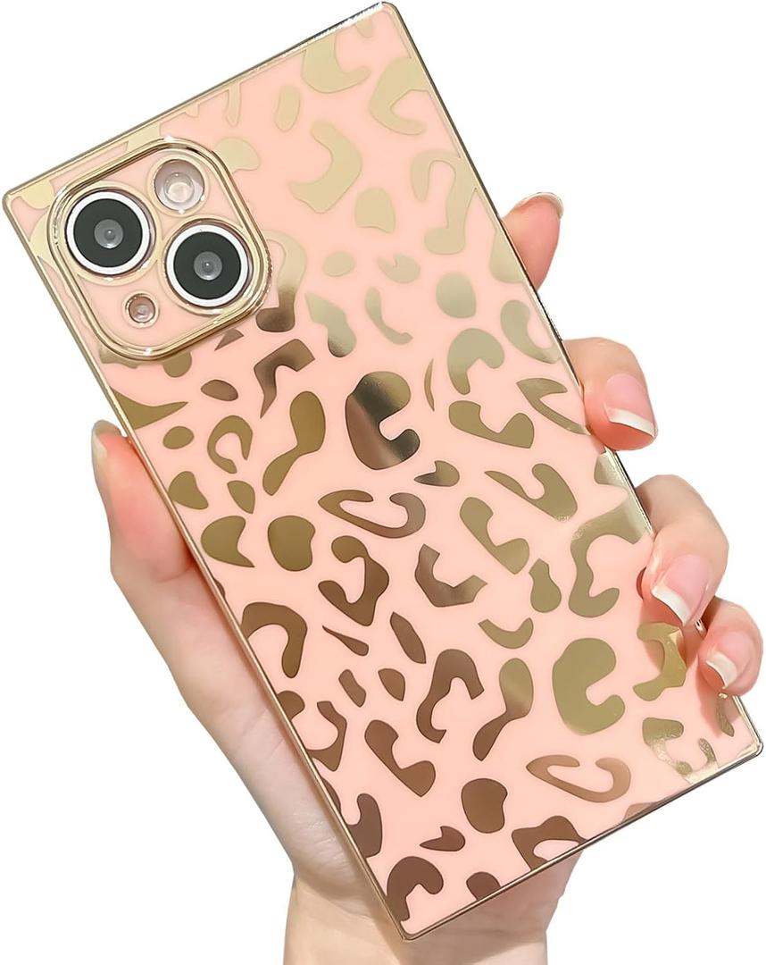 KERZZIL Elegant Compatible with iPhone 12 Rectangle Edge Case, Cute Luxury Leopard Pattern Plating Case Camera Protector Soft TPU Shockproof Protective Corner Back Cover(Pink)