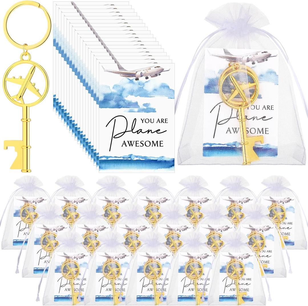 Landical 18 Sets Airplane Bottle Opener Keychains Flight Attendant Gifts with Inspirational Cards Travel Adventure Party Favor