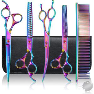Professional Dog Grooming Scissors Set, 7 Inch/8 Inch Pet Grooming Scissors Chunkers Shears for Dog, Curved Dog Grooming Scissors, Thinning Shears for Dog with Grooming Comb (Rainbow)