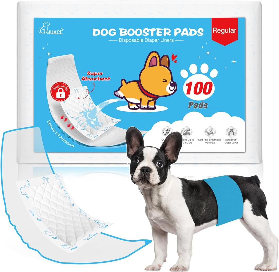 Dog Diaper Liners for Dog Diapers Male and Female 100ct Super Absorption Disposable Booster Pads for Most Reusable Pet Belly Bands, Washable Puppy Diaper Wraps (Regular (100 Count))