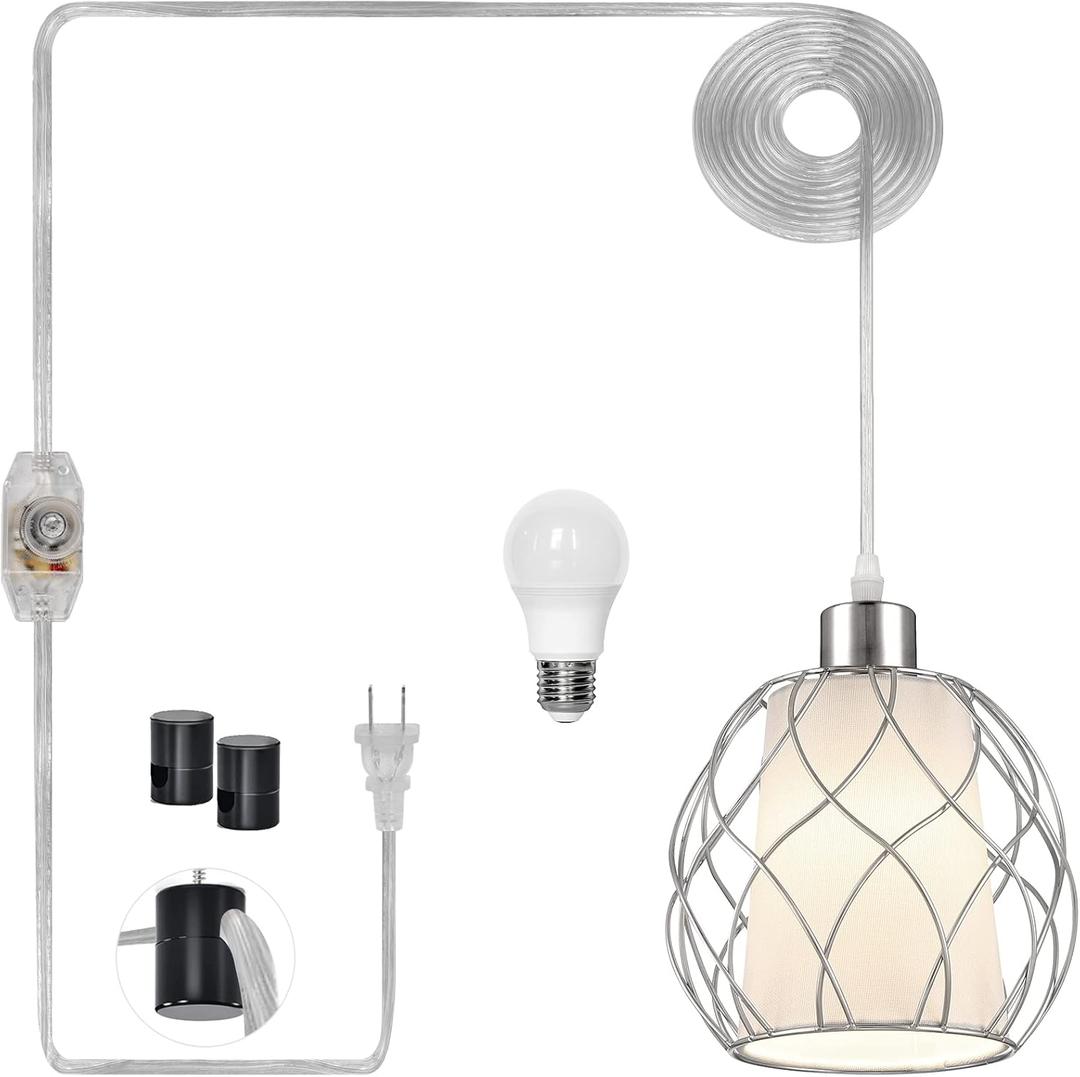 Plug in Pendant Light,Hanging Light with Plug in Cord,Silver Hanging Lamp with Dimmable Switch,15 ft Clear Cord,Hanging Light Fixture for Kitchen Island Living Room Bedroom (Bulb Included)