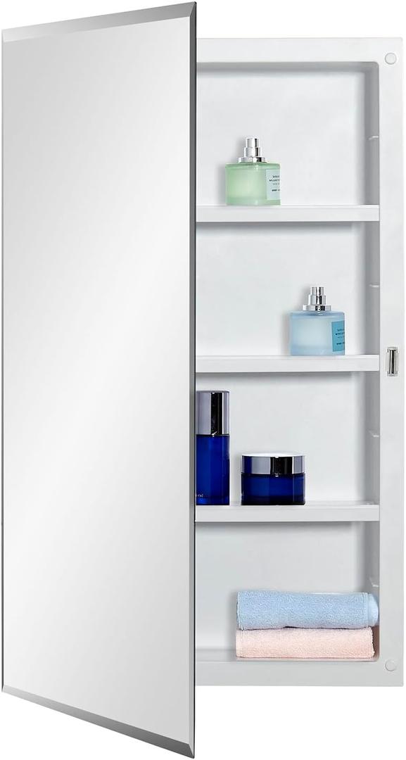 Plastic Medicine Mirror Cabinet for Bathroom 16 x 26 inch, Surface and Recessed Mount (White)
