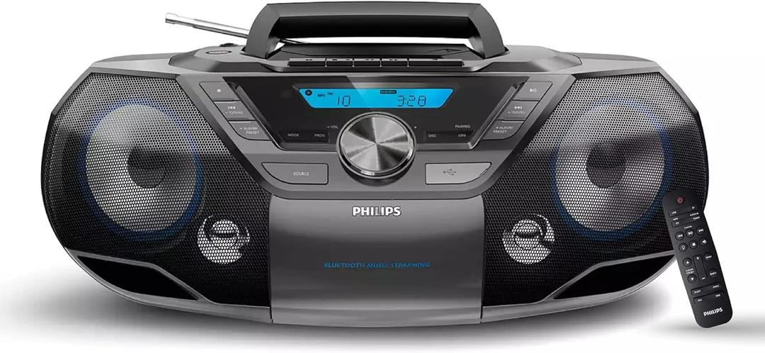 Philips Portable CD Player Boombox Bluetooth with Cassette Player All in one Powerful Stereo Boom Box CD Player for Home Mega Bass Reflex Speakers, Radio/USB/MP3/AUX Input with Backlight LCD Display (Black/Blue)