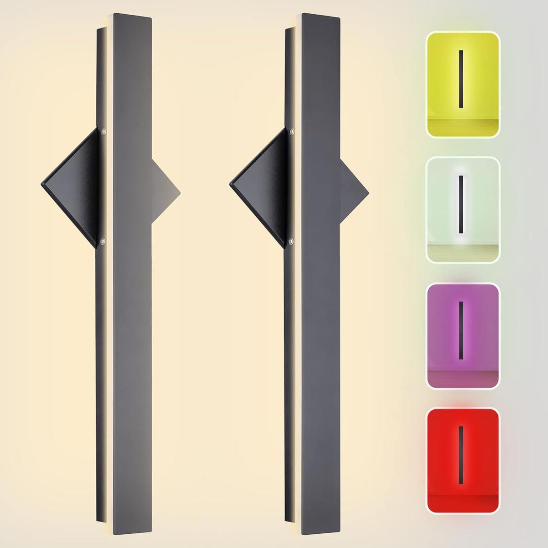 2-Packs Outdoor RGB Dimmable Wall Light: 28W Modern Wall Sconce Fixture Rectangular Black LED Wall Lamp - 23.5 Inches - IP65 Waterproof Anti Rust Wall Light for House Courtyard Balcony Porch