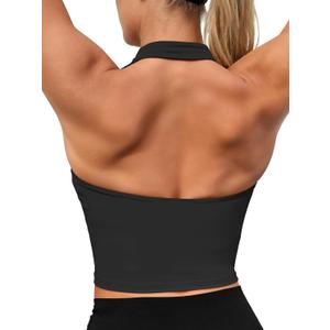 Aoysky Womens Buttery Soft Halter Workout Tank Tops with Built in Bra Cropped Padded Open Back Gym Longline Sports Bras (Medium, Black)