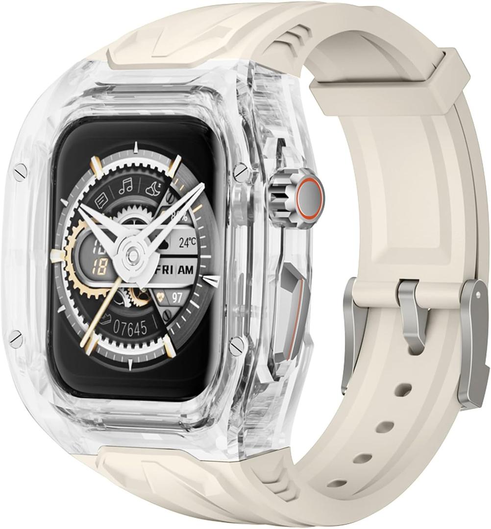 Delidigi Rugged Band and Case Compatible with Apple Watch Ultra 3 2 1 Series 11 10 9 8 7 6 5 4 SE 3 49mm 46mm 45mm 44mm 42mm, iWatch Sport Strap with Shockproof PC Frame Bumper for Men (Starlight Clear)