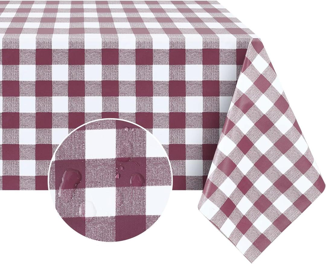 Romanstile Rectangle Vinyl Tablecloth, 100% Waterproof Buffalo Gingham Plastic Table Cloth, Heavy Duty Wipeable Checkered Table Covers for Outdoor, Camping, Picnic, Patio - 60 x 120, Burgundy