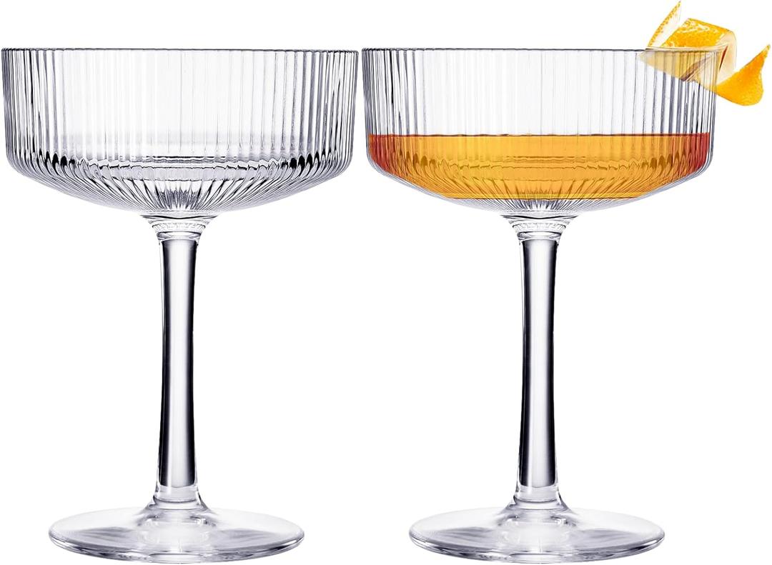 ACRYLIC Vintage Art Deco Shatterproof Coupe Martini, Champagne & Cocktail Glasses | Set of 2 | Champagne Tower Art Deco Style - Weddings & Parties Ribbed Glasses 8oz Ripple Classic Cocktail Glassware (Clear)