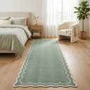 GarveeHome 2.6x10 Scalloped Washable Runner Rug for Kitchen, Soft Green Long Hallway Runner Non Slip Entryway Rug Farmhouse Thin Laundry Mat Stain Resistant Carpet for Bathroom Beside Rug