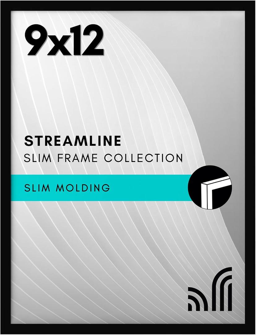 Americanflat 9x12 Picture Frame with Shatter-Resistant Glass - Streamline Collection - Thin Border Photo Frame for Tabletop and Wall Display - Hanging Hardware and Easel Stand Included - Black