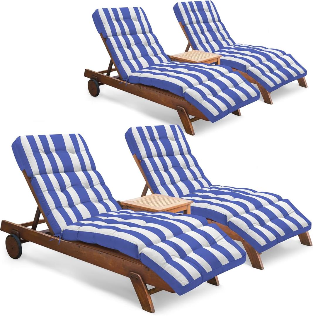 Outdoor Chaise Lounge Chair Cushion Set of 4, Waterproof 74.4 x 22 x 4.7 Inches Memory Foam Thickened Lounge Chair Cushions Replacement for Outdoor Furniture with Ties, Stripe Blue&White