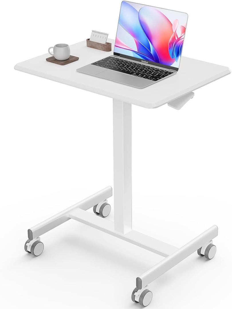 Sweetcrispy Mobile Small Stading Desk - Sit Stand Desk, Portable Rolling Laptop Desk with Lockable Wheels, Computer Workstations, Adjustable Height, White (KCDK0913)