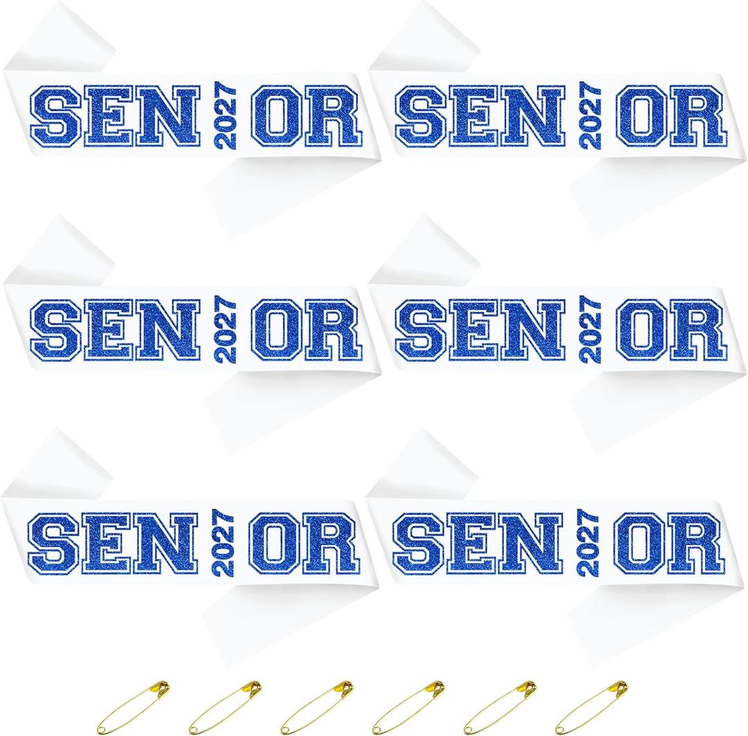 6pcs White Senior 2027 Sashes with Royal Blue Glitter Printing Letters2027 Graduation Celebrations Sashes, Class of 2027 Sash for Graduation Party, Senior Cheer Sasesh, Class Competition Sash