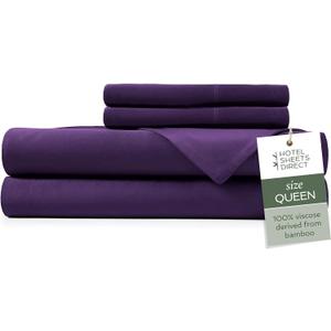 Hotel Sheets Direct 4 Piece Bed Sheet Set Queen Size, 100% Viscose Derived from Bamboo Sheets Set with 2 Pillowcases, Cooling & Breathable Luxury Bedding, Moisture-Wicking & Silky Soft Texture, Purple