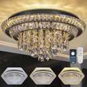 24" Flush Mount Crystal Chandeliers with Remote and APP,Black Ceiling Light