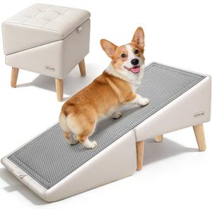 Dog Stairs for Small Dogs 16" H - Upgraded Non-Slip Dog Ramp for Couch, Foldable 2-in-1 Pet Ramp and Ottoman, Pet Stairs for Puppy, Pet Steps with Solid Wood Frame (Beige)