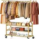 Heavy Duty Clothing Rack, Rolling Clothes Rack with 3 Shelves, Gold 686 LBS Load, Height Adjustable, Gold, 63"D x 19.7"W x 70.8"H
