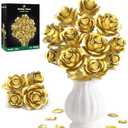 Metallic Gold Roses Flower Bouquet Building Sets, 670Pcs Golden Roses Botanical Collection Compatible with Lego Flowers Valentines Day Gifts for Her Women Girlfriend Wife Gothic Romantic Decor