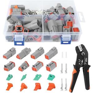 150Pcs 15 Kits Deutsch Connector Kit with Crimper, IP68 Waterproof DT Connector 2 3 4 6 Pin Automotive Electrical Connectors Kit with Deutsch Crimp Tool and Size 16 Stamped Contacts for Car (16-20AWG)