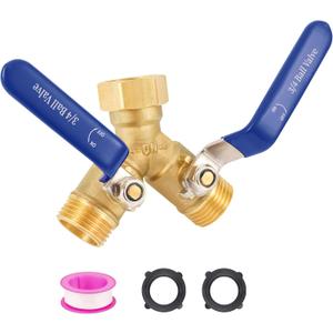 2 Way Garden Hose Splitter, Brass Water Hose Splitter, 3/4" GHT Thread Garden Hose Y Splitter, with Stainless Steel Long Handle, Full Flow Hose Splitter 2 Way Heavy Duty (Blue long handle)