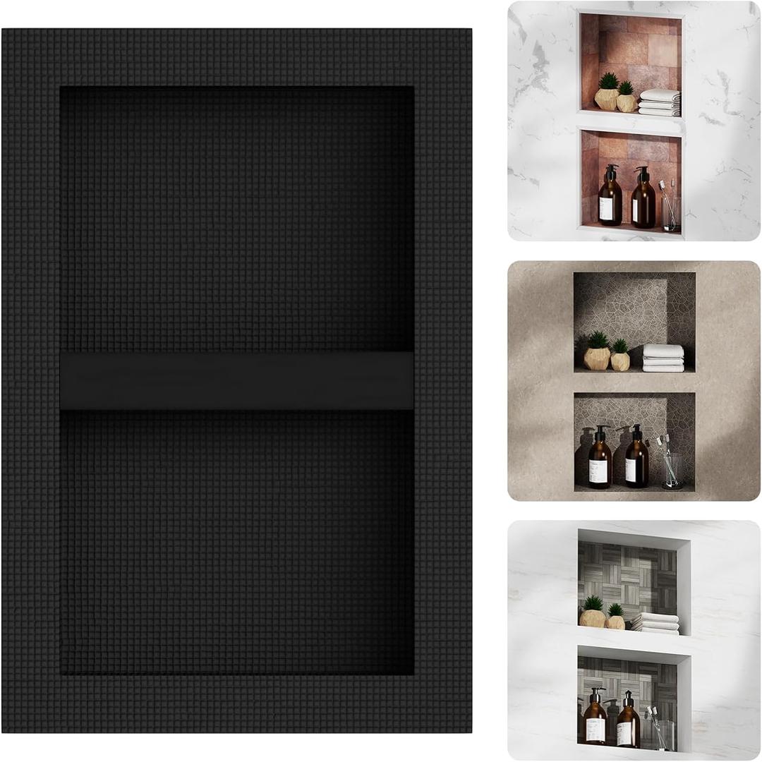 Shower Niche Insert Tile Ready 16" x 26" Recessed Wall Niche with Movable Shelf Two-Tier Bathroom Storage, Plenty of Space Square Corners Sealed Waterproof, Matte Black