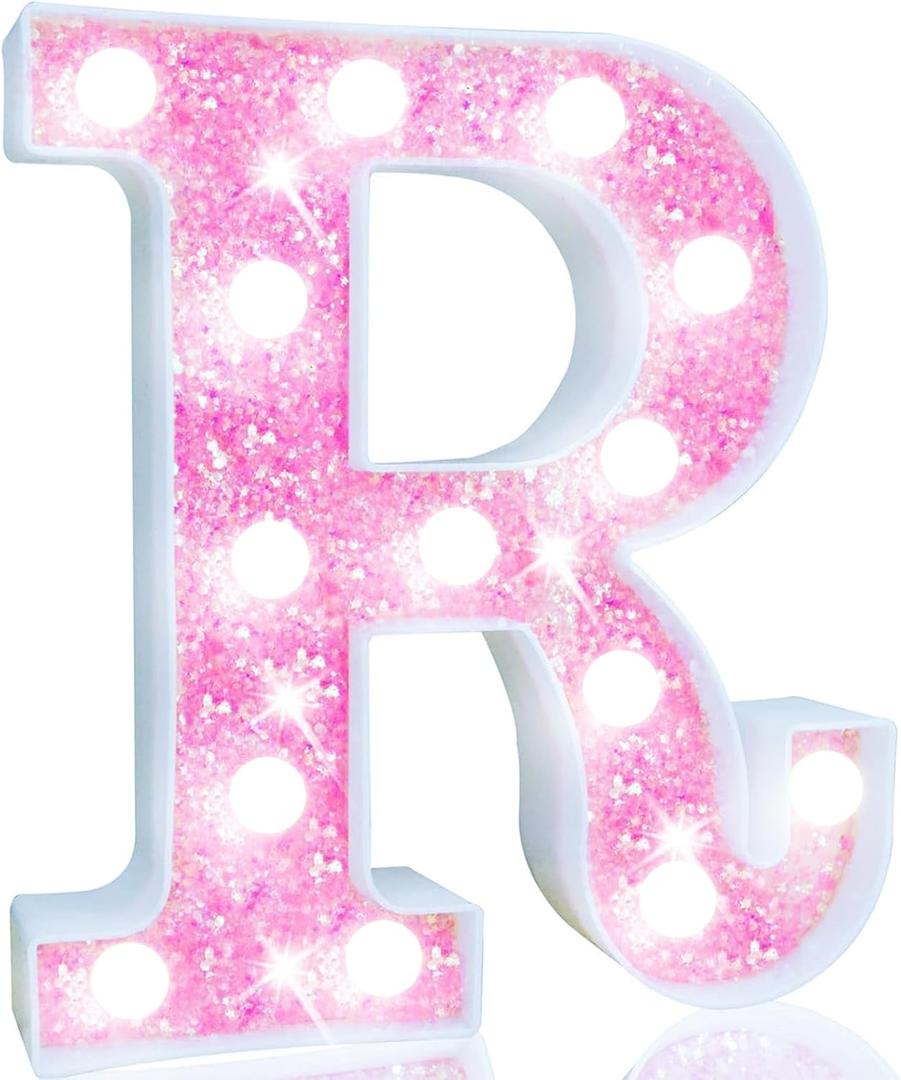 Pooqla LED Marquee Letter Lights, Light Up Pink Letters Glitter Letter Sign for Girls Gifts, Battery Powered for Night Light Birthday Party Wedding Home Bar Christmas Decoration, Cool White Pink R