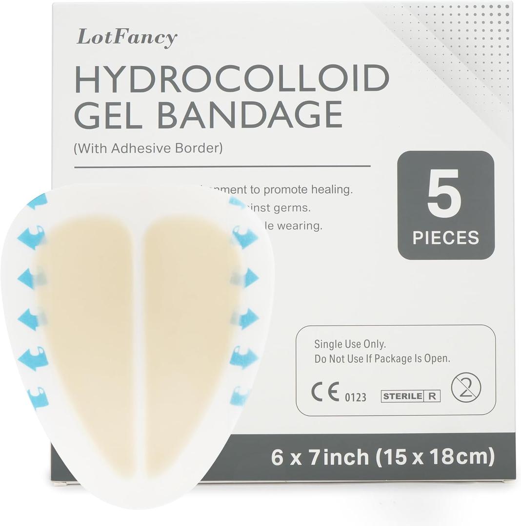 LotFancy Sacral Hydrocolloid Dressing, 6x7, Pack of 5, Sterile Thin Bordered Hydrocolloid Bandages, FSA HSA Eligible, Sacrum Wound Gel Patches for Fast Healing, Water-Resistant, Individually Packed