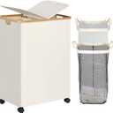 efluky Double Laundry Hamper with Wheels, Divided Laundry Hamper with Removable Bags, 2 Section Dirty Clothes Basket with Handles for Bathroom, Bedroom & Laundry Room, 160L Beige