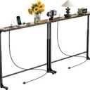 GRLEAF 2 Pack Adjustable Height Narrow Console Table with Power Outlets, 90" Long Sofa Table with Charging Station Behind Couch Table Entryway Table for Living Room and Hallway Rustic Brown