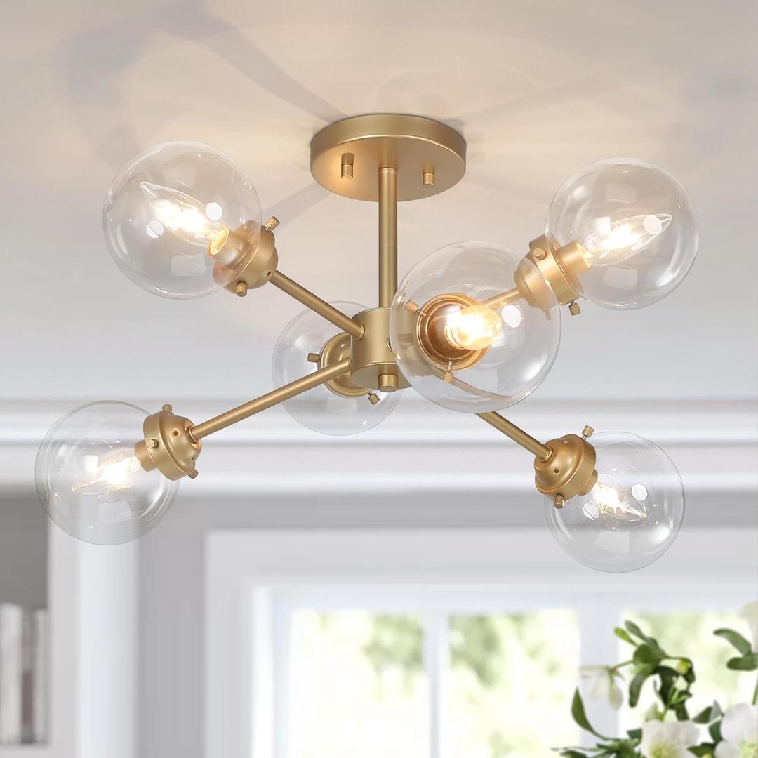 Gold Flush Mount Ceiling Light, Modern Sputnik Glass Hallway Light Fixtures Ceiling, 6-Light Close to Ceiling Light Fixture for Kitchen, Foyer and Bedroom