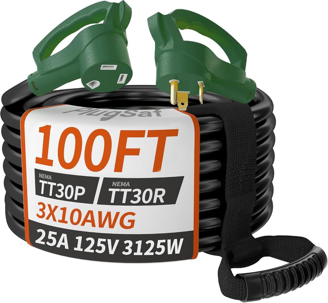 PlugSaf 100 FT 25 Amp RV Extension Cord Outdoor, 10AWG 125V 3125W STW Green
NEMA TT-30P/R, Flexible 10 Gauge Extension Cord Heavy Duty, 100 Foot RV Power Cord Waterproof with Grip Handle, ETL Listed